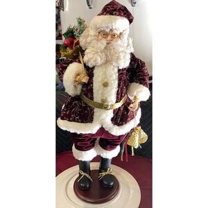 VTG Xmas Santa Claus Life-Like Face Old-World Charm Velvet Coat Boots Wood Base